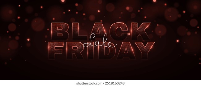 Black Friday sale abstract cover. Text banner with letters made of red glittering halftone effect with lights. Fashion advertising promotion template design. Vector illustration. EPS 10.