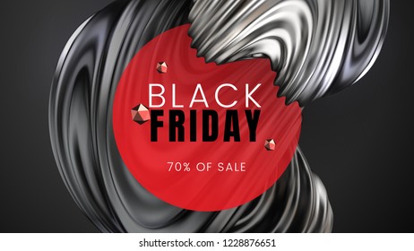 Black friday, sale abstract dark background with twisted silver shape, red circle and particles, can be used for e-shopping, posters and advertising flyers. Vector illustration