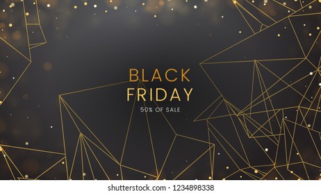 Black friday, sale abstract dark background with glowing lights and polygonal contours, can be used for banner, advertising billboard and web header. Vector illustration