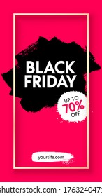 Black Friday Sale abstract red banner background. Hand drawn black brushstroke shopping tag. Vector illustration design template for flyer, poster, shopping, discount, web, social media stories, ads.
