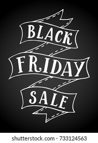 Black Friday Sale abstract vector illustration. Hand drawn lettering template. White letters and folded ribbon banner isolated over black.