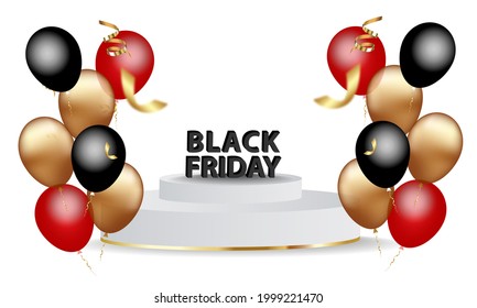 Black friday sale ad banner with shiny balloons.