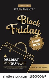 Black friday sale ads banner gold and black color background template. Use for cover, card, flyer, coupon, voucher, poster and all media.