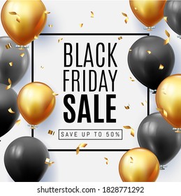 Anuncios de venta de Black Friday con confeti y marco dorado Shine Black and Gold Balloons.Fondo festivo con globo de helio Oferta de venta de día de compras, plantilla de banner.  Diseño de afiches en el mercado de la tienda de otoño