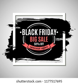 Black friday sale advertisement, banner with rough ink stroke, emblem, vector illustration