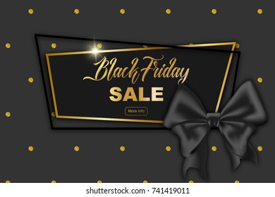 Black Friday sale advertisement card, vector illustration. Silk black ribbon, geometric trendy frame, golden glitter dots pattern background. Beautiful layout poster, card concept. Black bow ribbon.