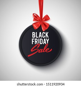 Black friday sale advertisement, round banner with decorative bow, vector illustration