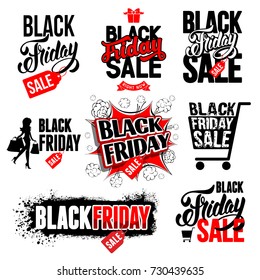 Black Friday Sale advertising label and emblems set. Vector illustration.