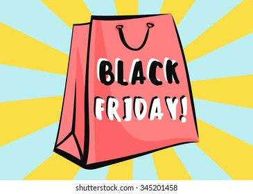Black Friday Sale Advertising Poster. Vector Pop Art Bag 
