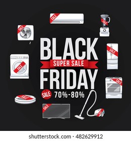 Black Friday Sale advertising poster for shopping electric appliance with discount 70%-80%. Vector illustration