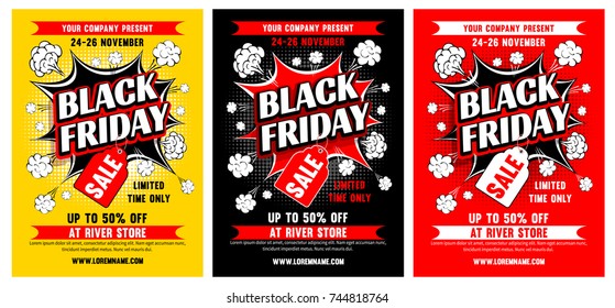 Black Friday Sale advertising template set for your business design. Black Pop art style. Vector illustration.