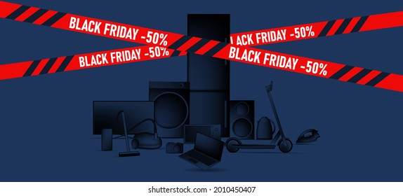 Black Friday sale advertiving banner with 3d illustration of different home and smart electronic devices, black gradient stylized objects with red ribbon