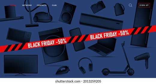 Banner publicitario de venta del viernes negro en la página de inicio de promoción con 3d ilustraciones de diferentes dispositivos electrónicos inteligentes y domésticos, objetos estilizados de gradiente negro con cinta roja