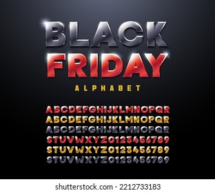 Black Friday sale alphabet. Vector typeface for promotional content, web banners, related with sales, discounts. Letters and numbers in black, red and gold with metallic effect