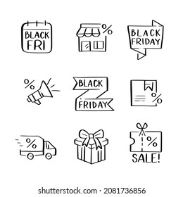 Black Friday sale annual event. Discounted price tags, date in calendar and delivery icons. Doodle sketches