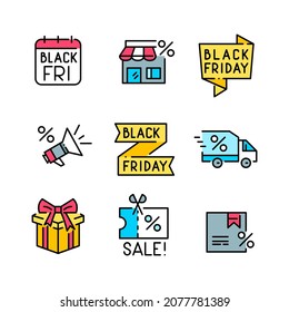 Black Friday sale annual shopping event. Discounted price tags, date in calendar and delivery fun colorful icons. Pixel perfect, editable stroke