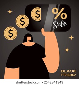 Black Friday Sale App. Girl using discount card on dark background with golden stars and coins. Luxury design with gold effect. Banner, card and poster design. Flat Vector cartoon illustration.