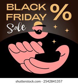 Funda Black Friday con App de Rebajas. Texto Anuncio de lujo con efecto dorado. Diseño de Anuncio, tarjeta y póster de publicidad de moda para eventos comerciales de descuento. Ilustración vectorial plana.