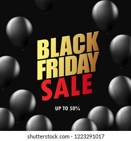 Black Friday Sale art design with Shiny Black Balloons on Black Background Suitable for Poster or Banner. Vector illustration.