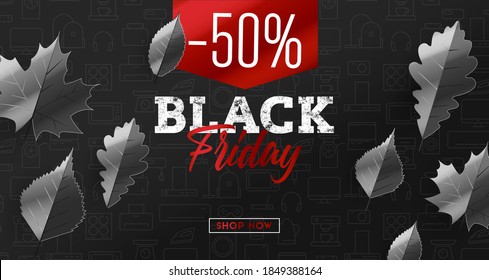 Black Friday Sale with autumn leaves and red label up to 50 percent with pattern of electronic goods and typography
