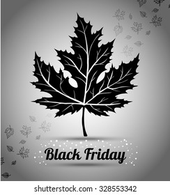 Black Friday sale, autumn leaves, vector, banner, illustration. Black doodle maple leaf.