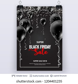 Black Friday Sale Backgrond. Air balloons and text. Vector ad banner with editable copy space for holiday discounts and sales.