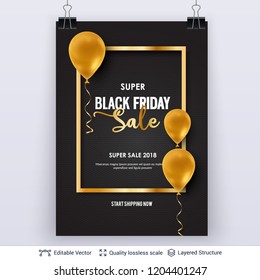 Black Friday Sale Backgrond. Air balloons and text. Vector ad banner with editable copy space for holiday discounts and sales.