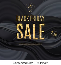 Black friday sale background. Abstract black background with golden glitter letters. Vector illustration