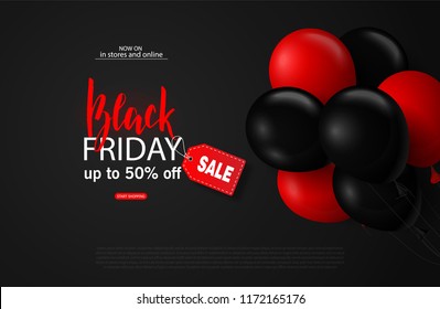 Black friday sale background with balloons and serpentine. Modern design.Universal vector background for poster, banners, flyers, card.