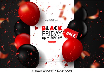 Black friday sale background with balloons and serpentine. Modern design.Universal vector background for poster, banners, flyers, card.