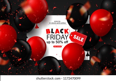 Black friday sale background with balloons and serpentine. Modern design.Universal vector background for poster, banners, flyers, card.