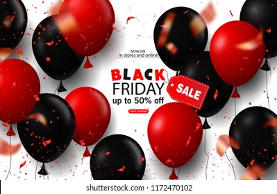 Black friday sale background with balloons and serpentine. Modern design.Universal vector background for poster, banners, flyers, card.