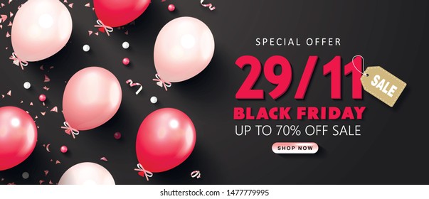 Black friday sale background with balloons and serpentine. Modern design.Universal vector background for poster, banners, flyers, card.