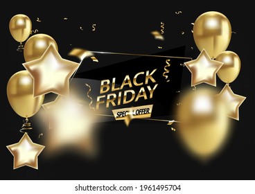Black friday sale background with balloons and realistic falling serpentine. Modern design. Universal vector background for poster, banners, flyers, card.