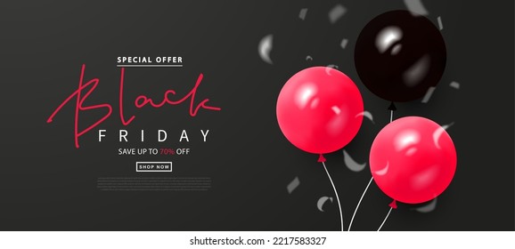 Black Friday sale background with balloons and confetti. Modern 3D design.Universal vector background for posters, banners, leaflets, postcards.