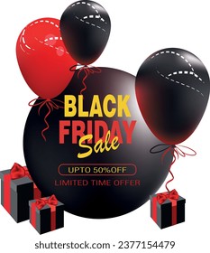 Black Friday sale background with balloons and gift boxes. Modern design.Universal background for posters, banners, flyers, cards.