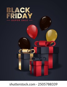 Black friday sale background with balloons and gift boxes. Modern design.Universal dark background for poster, banners, flyers, card,advertising brochure