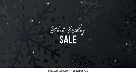 Black Friday Sale background for banner, poster or flyer design with sparkling falling snow on black texture background with pattern of snowflakes. Modern design template for social and fashion ads