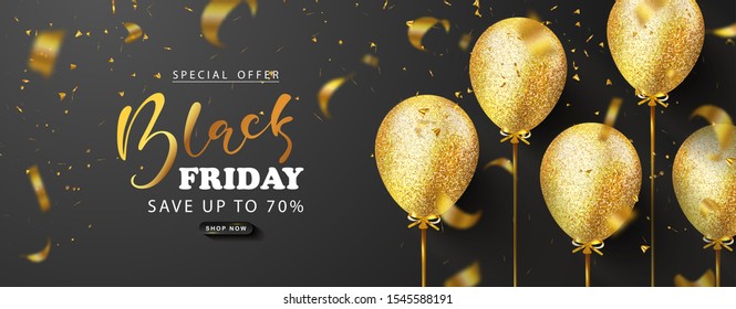 Black friday sale background with beautiful golden balloons and flying serpentine. Modern design.Universal vector background for poster, banners, flyers, card,advertising brochure