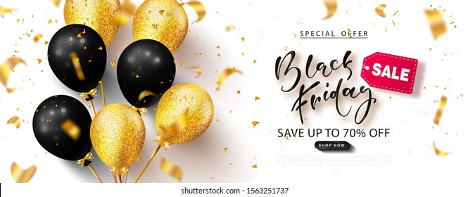 Black friday sale background with beautiful balloons and flying serpentine. Modern design.Universal vector background for poster, banners, flyers, card,advertising brochure