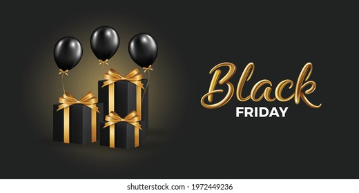 Black friday sale background with beautiful balloons and flying serpentine. Modern design.Universal vector background for poster, banners, flyers, card,advertising brochure