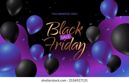 Black Friday sale background with blue purple balloons and serpentine