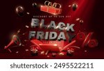 Black Friday sale background with bold text Decorated with black balloons, gift boxes and gold ribbons on a red background, red elegant backdrop for holiday sale promotion.