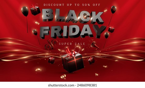 Black Friday sale background with bold text Decorated with black balloons, gift boxes and gold ribbons on a red background, red elegant backdrop for holiday sale promotion.