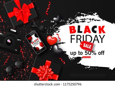 Black friday sale background with bowtie,smartphone, camera, gift box, sunglasses, hearts and serpentine. Modern design.Universal vector background for poster, banners, flyers, card