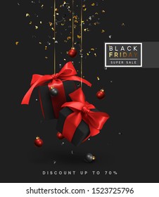 Black friday sale. Background design, realistic dark gift boxes with red bows, hang on ribbon. Gold and black confetti, serpentine festive tinsel sprinkled. the discount up to 70%