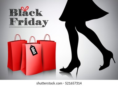 Black Friday sale background with elegant shopping woman and red bags. Vector