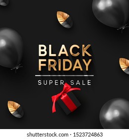 Black Friday Sale. Background with festive realistic balloons with bow, leaf petals painted black and gold. realistic gift box with surprise. Elegant golden lettering in chic font. vector illustration