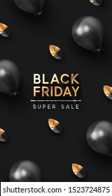 Black Friday Sale. Background with festive realistic balloons with bow, leaf petals painted black and gold. Elegant golden lettering in chic font. vector illustration