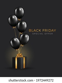 Black friday sale Background. Festive design of realistic black gifts box, glitter silver snowflake, golden stars. Vector poster, banner, greeting cards. 